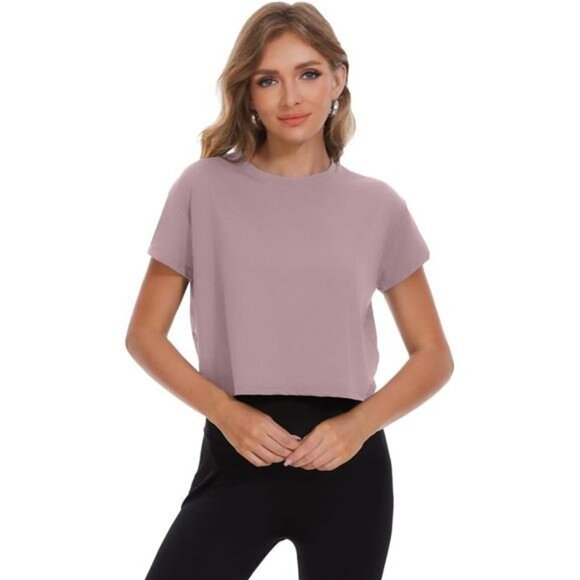 Womens Crop Top Short Sleeve Workout Shirts Gym Yoga Running Loose Fit Tees - Picture 2 of 7